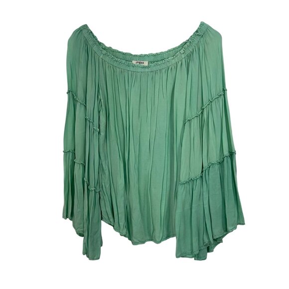 Umgee Womens Mint Green Off-Shoulder Boho Top Blouse Tiered Bell Sleeves Size M - Picture 10 of 12